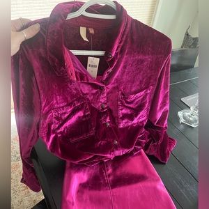 Stunning raspberry velvet long sleeve blouse
